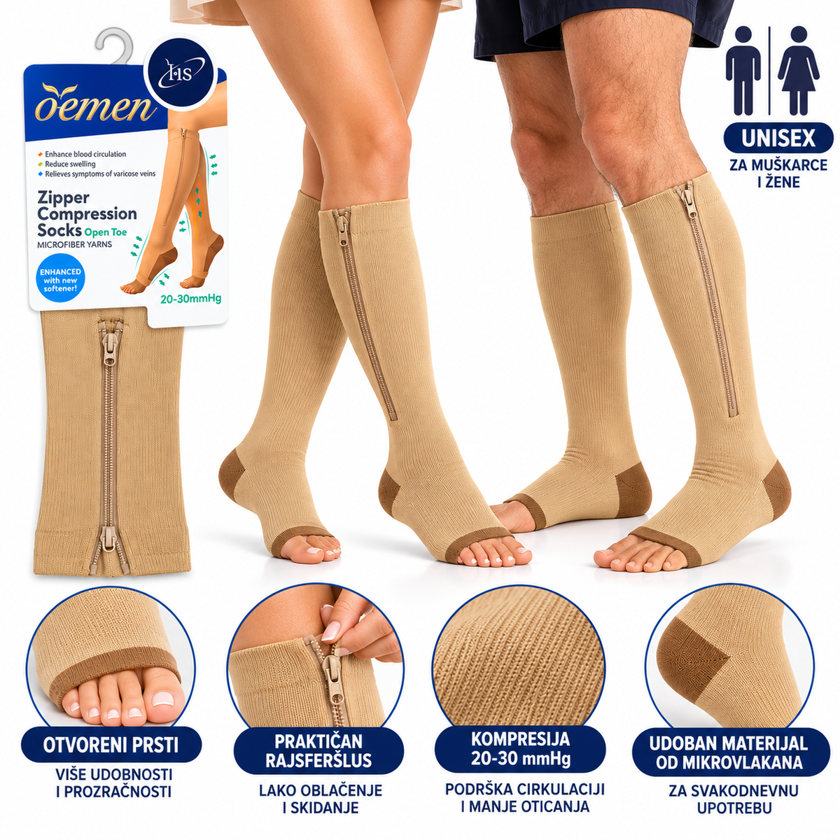 🦵 OEMEN – KOMPRESIVNE ČARAPE SA RAJSFERŠLUSOM (20–30 mmHg)